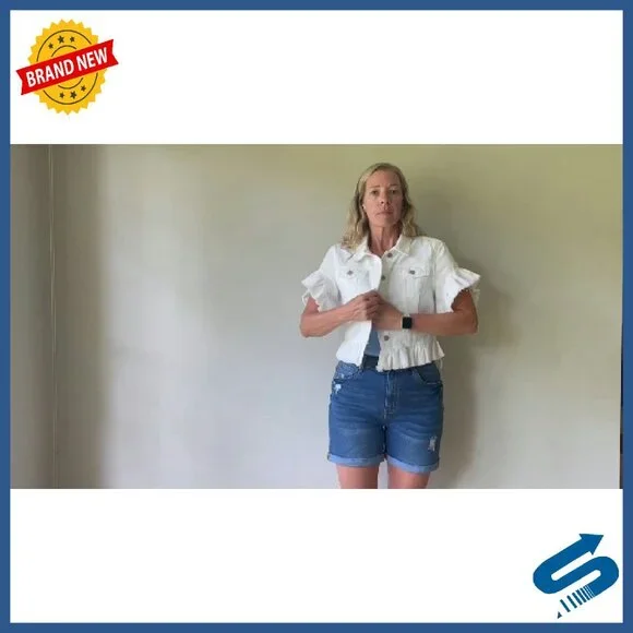 Cropped Denim Jacket with Ruffle Sleeves, Distressed Hem, Stretch Fit - Picture 7 of 8